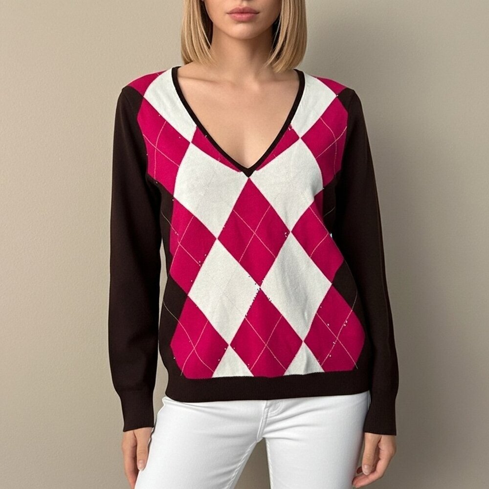 Vintage J.Crew Wool Cashmere Blend Argyle V-Neck Sweater Size M - Picture 1 of 7